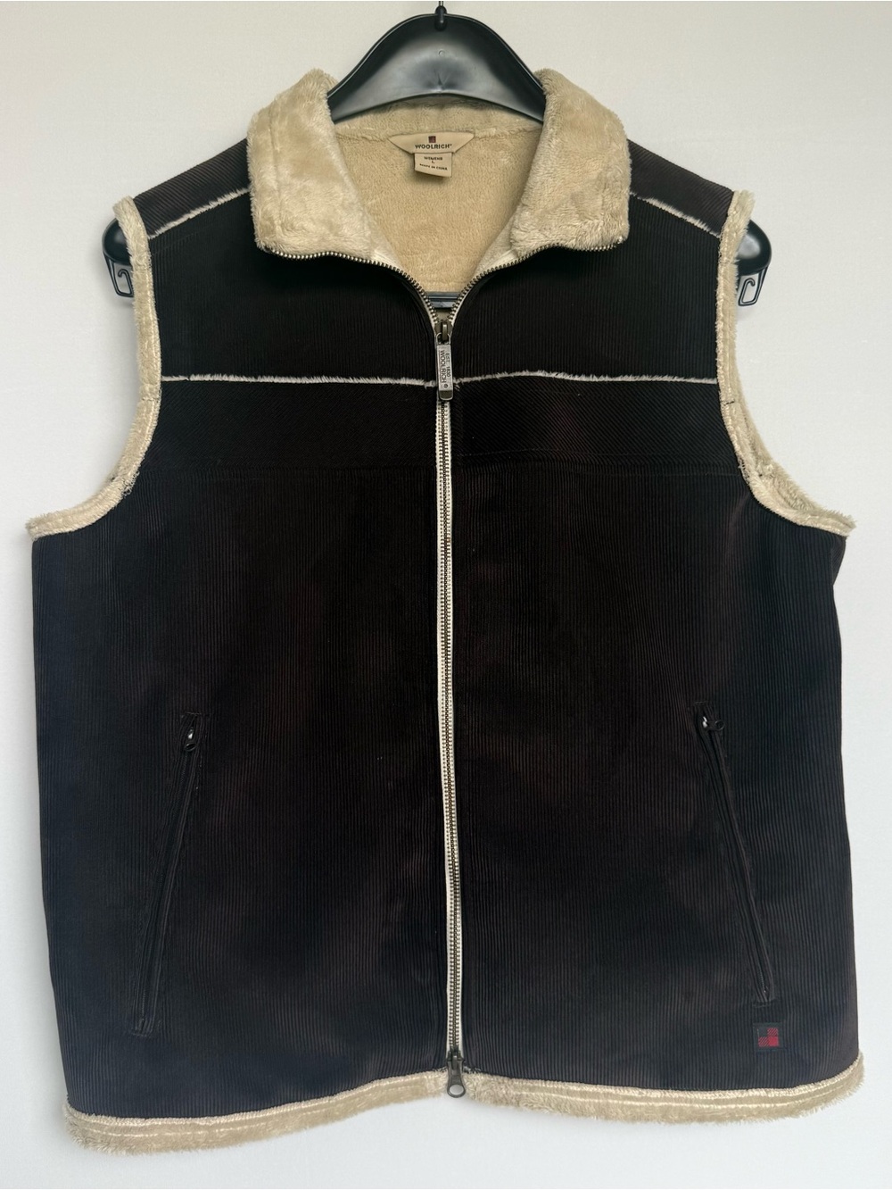 Women’s Woolrich Dark Brown Corduroy Vest with Cream Sherpa Lining and Trim